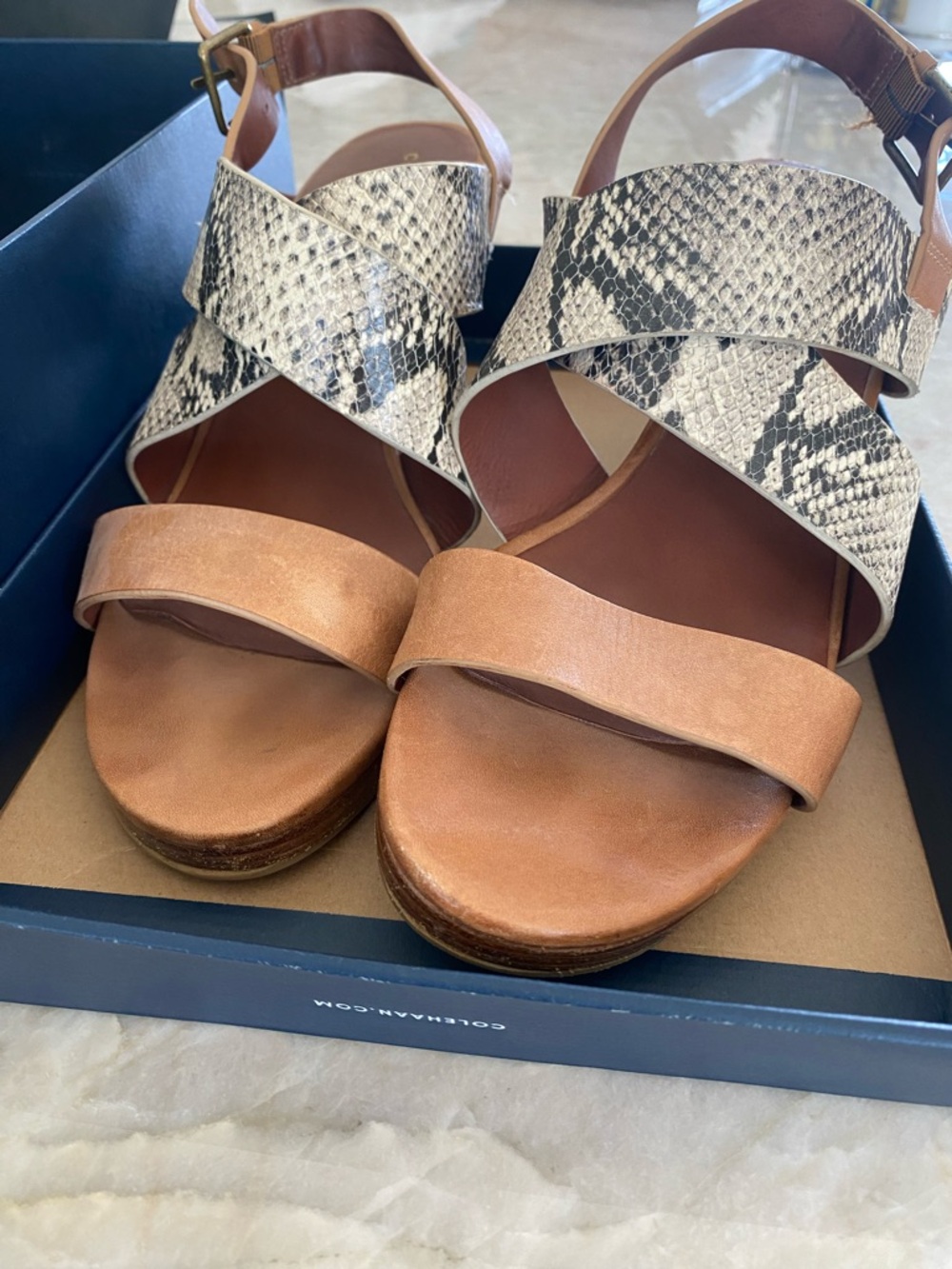 Cole Haan Tan Leather Sandals with Snake-Print Cross Straps and Ankle Buckle